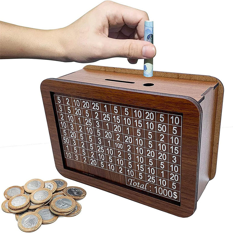 Wooden money box with engraved figures