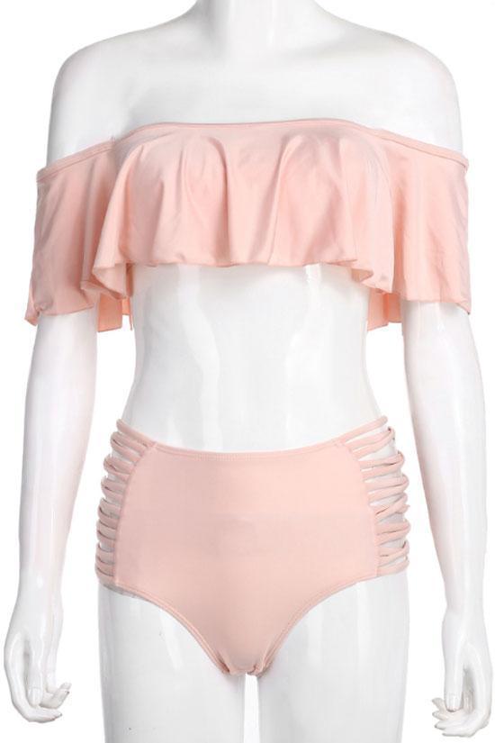 Ruffle Off Shoulder Bandeau Bikini Swimsuit .bi