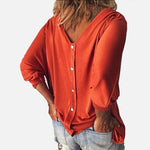 3/4 Sleeve Back Buttons V Neck Tops