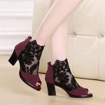 Lace Mesh Insert Chunky Heeled Boots