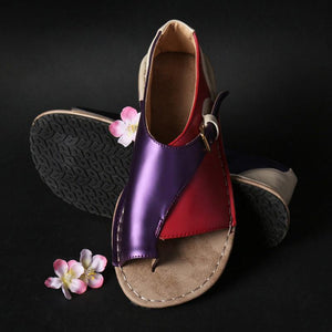 Women Retro Color Splicing Buckle Flip Flops Flat Sandals