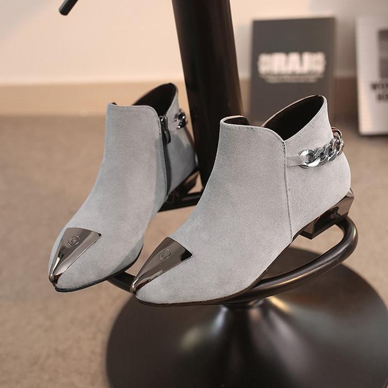 Women Med Square Heel Metal Decoration Ankle Boots